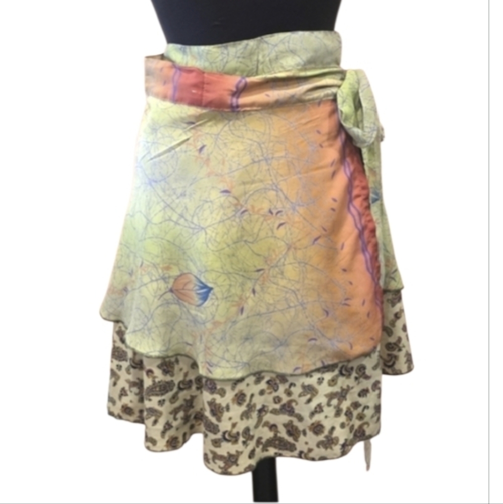 EARTHBOUND OS Urban Nomad Green Pink Wrap Skirt Festival Boho Chic Mini Hippie